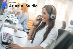 Customer service representative using a Customer Support Copilot to automate responses and provide relevant information quickly. | Microsoft Azure AI Studio AI-3016