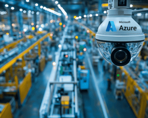 Surveillance camera monitoring a modern factory environment, connected to Microsoft Azure AI Vision, is ensuring safety and efficiency in production processes. Learn how in the AI-3004 class.