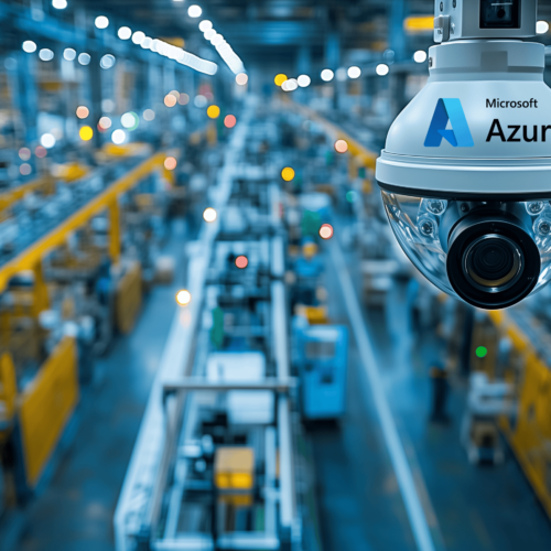 Surveillance camera monitoring a modern factory environment, connected to Microsoft Azure AI Vision, is ensuring safety and efficiency in production processes.