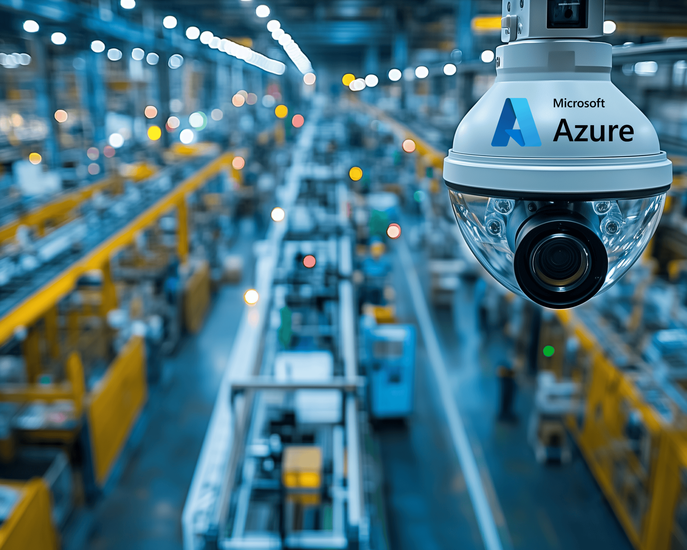 Surveillance camera monitoring a modern factory environment, connected to Microsoft Azure AI Vision, is ensuring safety and efficiency in production processes.