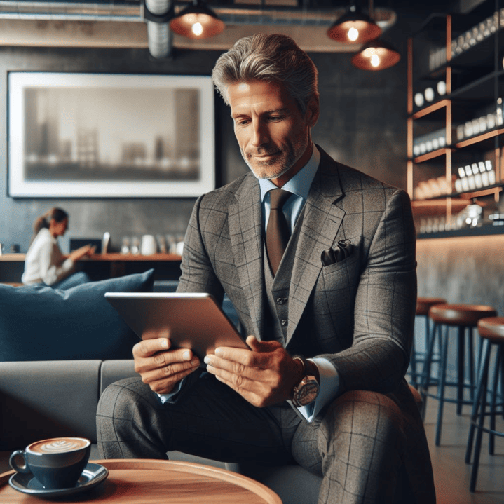 Business man uses Microsoft Copilot, his AI assistant for Work, on his tablet in a coffee shop