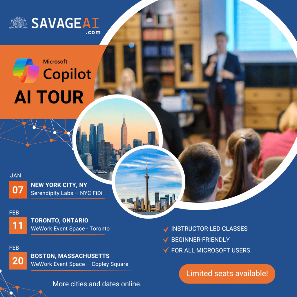 Promotional graphic for the Microsoft Copilot AI Tour by SAVAGE AI. The event starts January 7 in New York City, with additional stops on February 11 in Toronto and February 20 in Boston. More cities and dates are available online. The image highlights instructor-led training with a classroom scene and includes skylines of New York City and Miami, showcasing a professional and engaging learning environment. A call-to-action reads: "Limited seats available!"