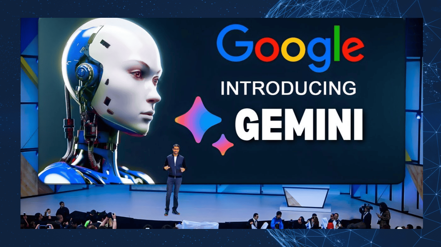 Image of a man giving a presentation with a background featuring an AI person and the Google logo. The text introduces the 'Gemini' logo, symbolizing advancements in AI technology.