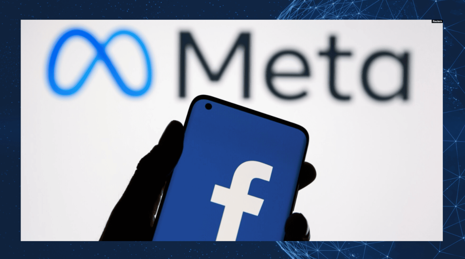 Image featuring a smartphone displaying Facebook’s logo in front of the newly rebranded Meta logo, illustrating the company’s transformation. Photo taken on Oct. 28, 2021. Credit: Reuters.