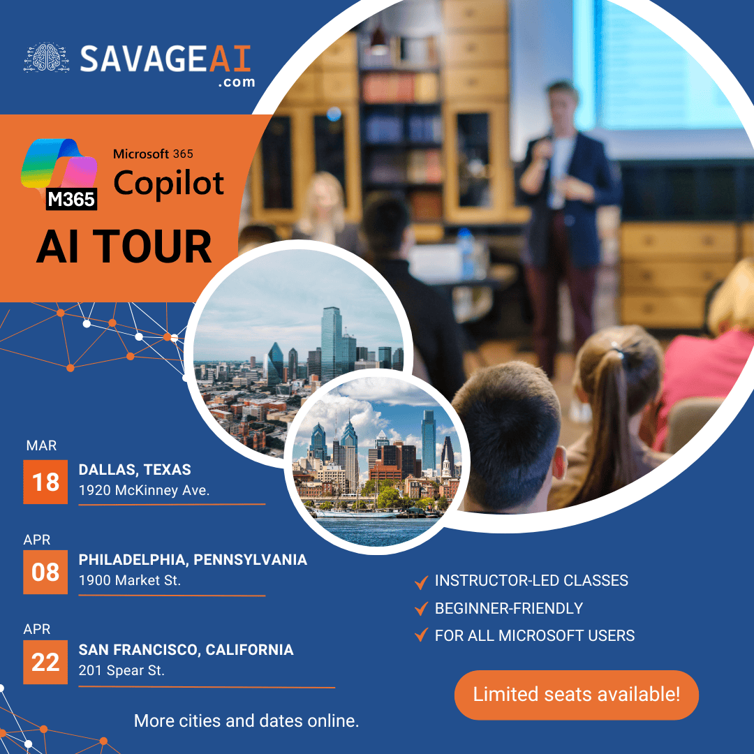 Ad for the Microsoft 365 Copilot AI Tour presented by SAVAGE AI. Features a photo of an instructor teaching a class. Also two of the three city skylines. Dallas TX on Mar 18, Philadelphia PA on Apr 8, San Francisco on Apr 22. More cities and dates online.