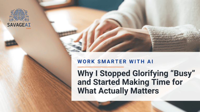 Close-up of a person typing on a laptop, promoting the idea of working smarter with AI instead of glorifying busyness.