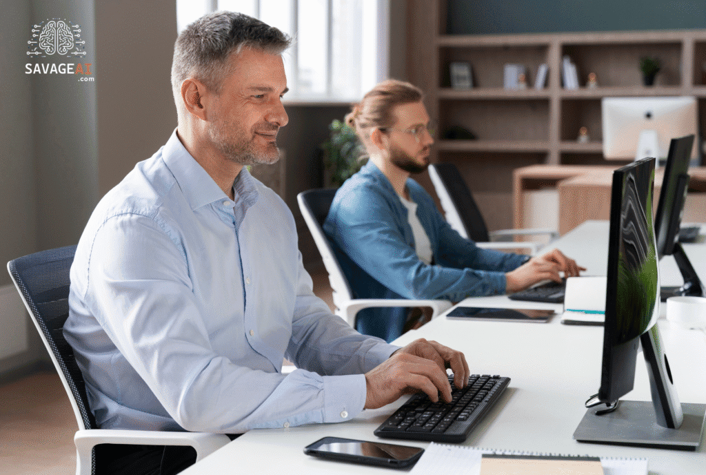 Two office workers using desktop computers in a modern, organized workspace with shelves and plants in the background. SAVAGEAI.com logo.