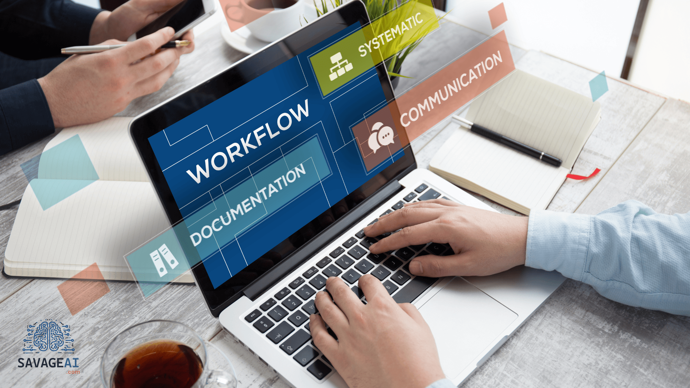 A person typing on a laptop with floating icons and text representing workflow, documentation, systematic processes, and communication. SAVAGEAI.com logo.