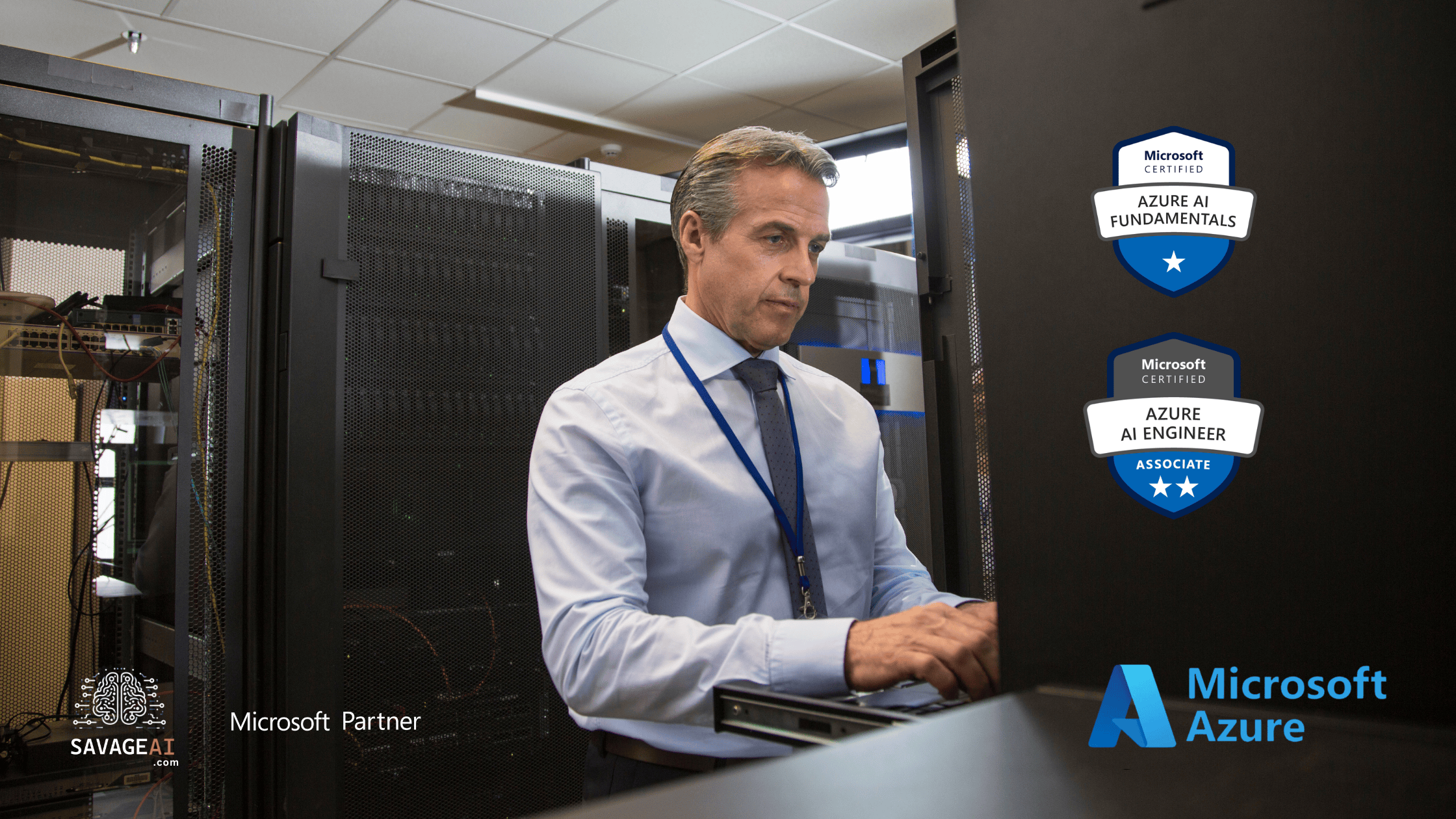Man working on a server is monitoring the usage of the custom app his team made that is enhanced with Microsoft Azure AI services. The image includes the Microsoft Azure AI logo as well as the Microsoft Certified Azure AI Fundamentals badge and the Microsoft Certified Azure AI Engineer Associate badge. SAVAGEAI.com logo.